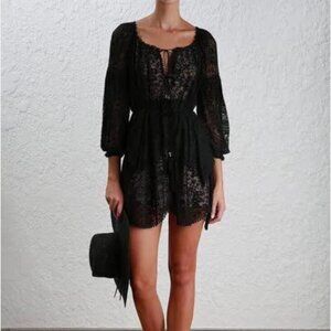 Zimmermann Gossamer Scalloped Lace Mini Dress Black Long Sleeve Belted SZ 1